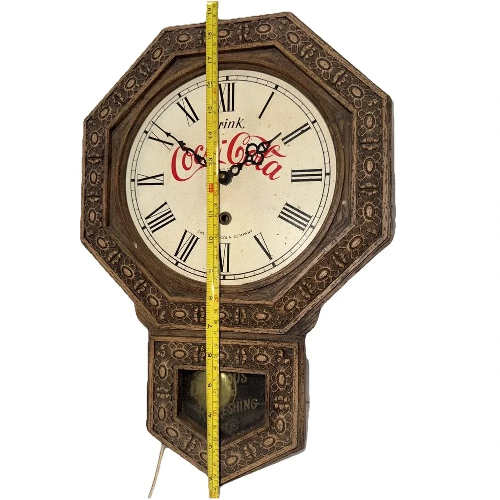 Vintage Coca Cola Pendulum Electric Wall Clock Faux Wood Grain Not Working Stuck